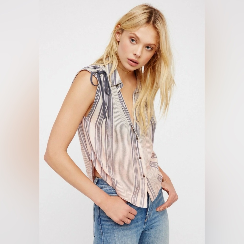 Free People Ombré Baby Blue Striped Button-Down Shirt with Tie Sleeves